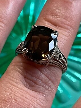 Signed CNA Sterling Silver 925 Smokey Quartz Filigree Size 5.75 Ring